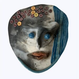 Studio Art 3D Ceramic Face Mask Wall Hanging Mixed Media Buttons Blue Eyes 10"